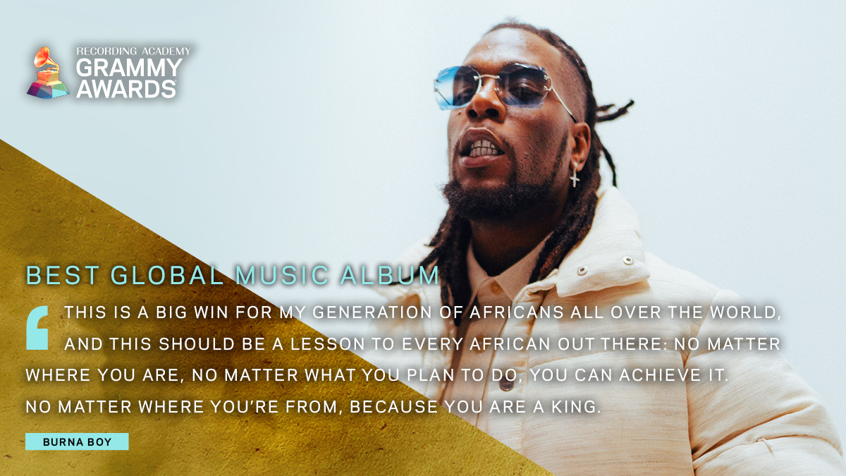 RecordingAcad's tweet image. “Because you are a king.” 👑 

@burnaboy took home his first GRAMMY for Best Global Music Album for “Twice As Tall” at the 63rd #GRAMMYs. 👏🎵