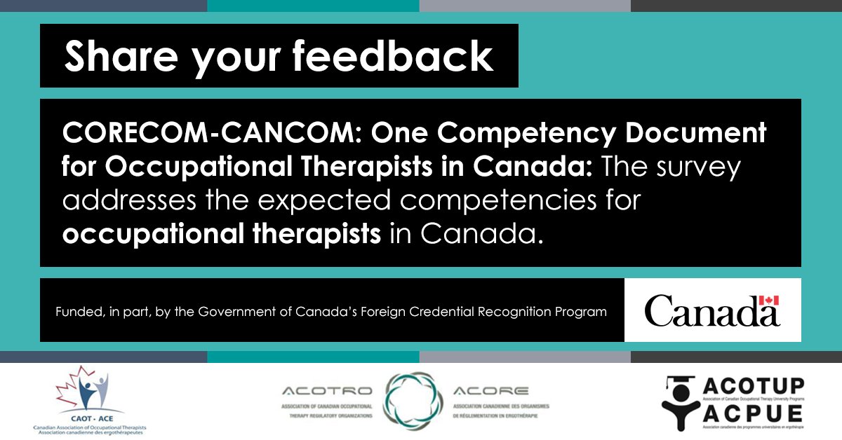 CollegeofOTs's tweet photo. In case you missed it: 🗣️ It’s here! Occupational therapists across Canada, we want your feedback on the #CoreComCanCom survey: https://t.co/NIqP4ySaNL
The survey addresses the expected competencies for occupational therapists in Canada 🇨🇦 https://t.co/sYQy4WJyc7