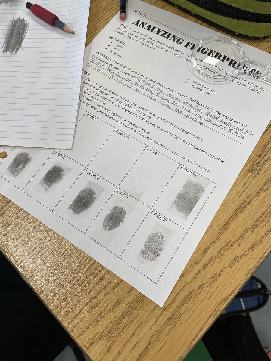 mlkneeshaw's tweet photo. In Forensic Science 7/8, we have been comparing different methods of fingerprinting to see which leaves clearer prints. Ink or graphite? @WGMurdoch #RVSed https://t.co/eVKn6NignX