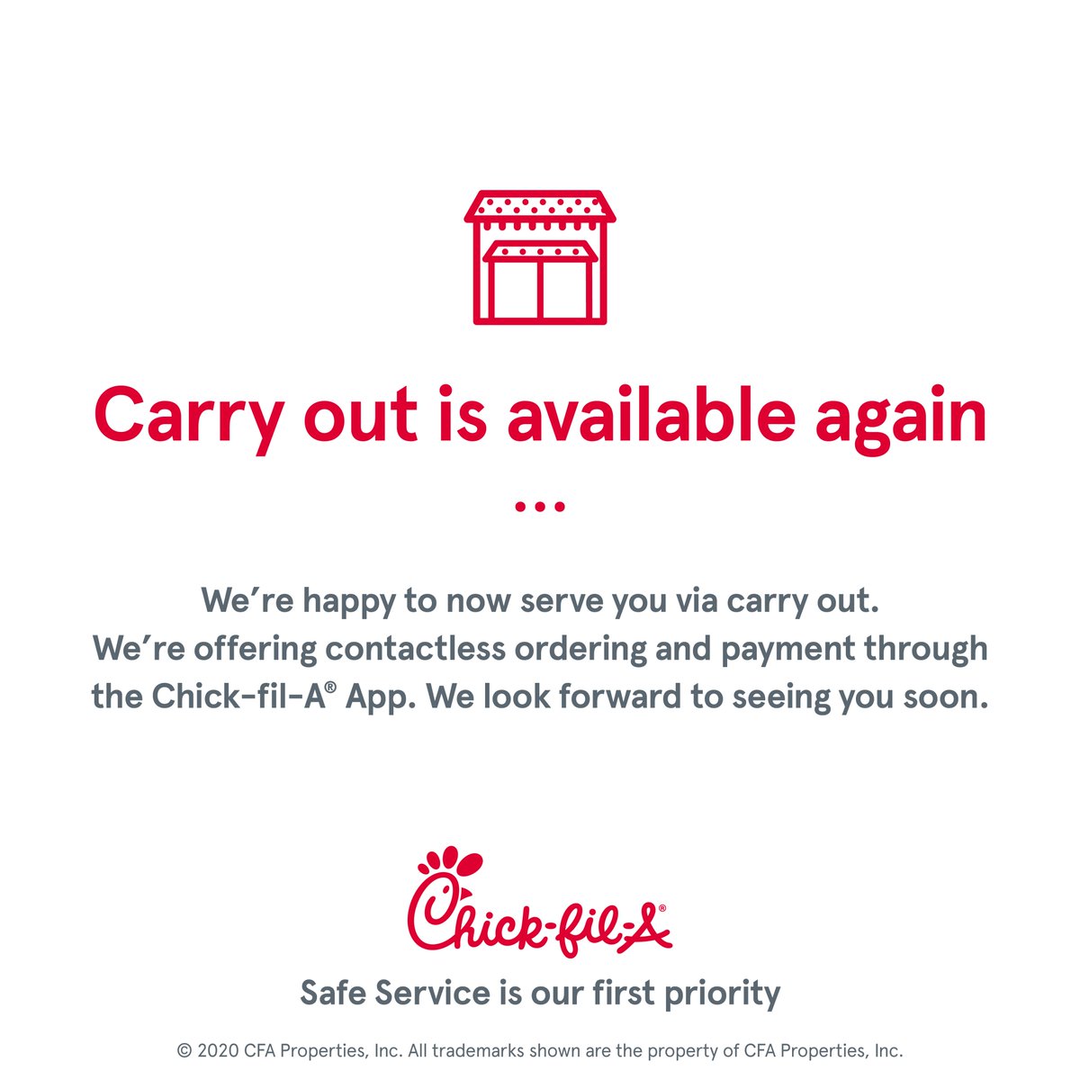 While restaurant seating remains
temporarily closed, we are so excited to offer carry out
again inside the restaurant!

We are still available to serve you through Drive-Thru
and Curbside.