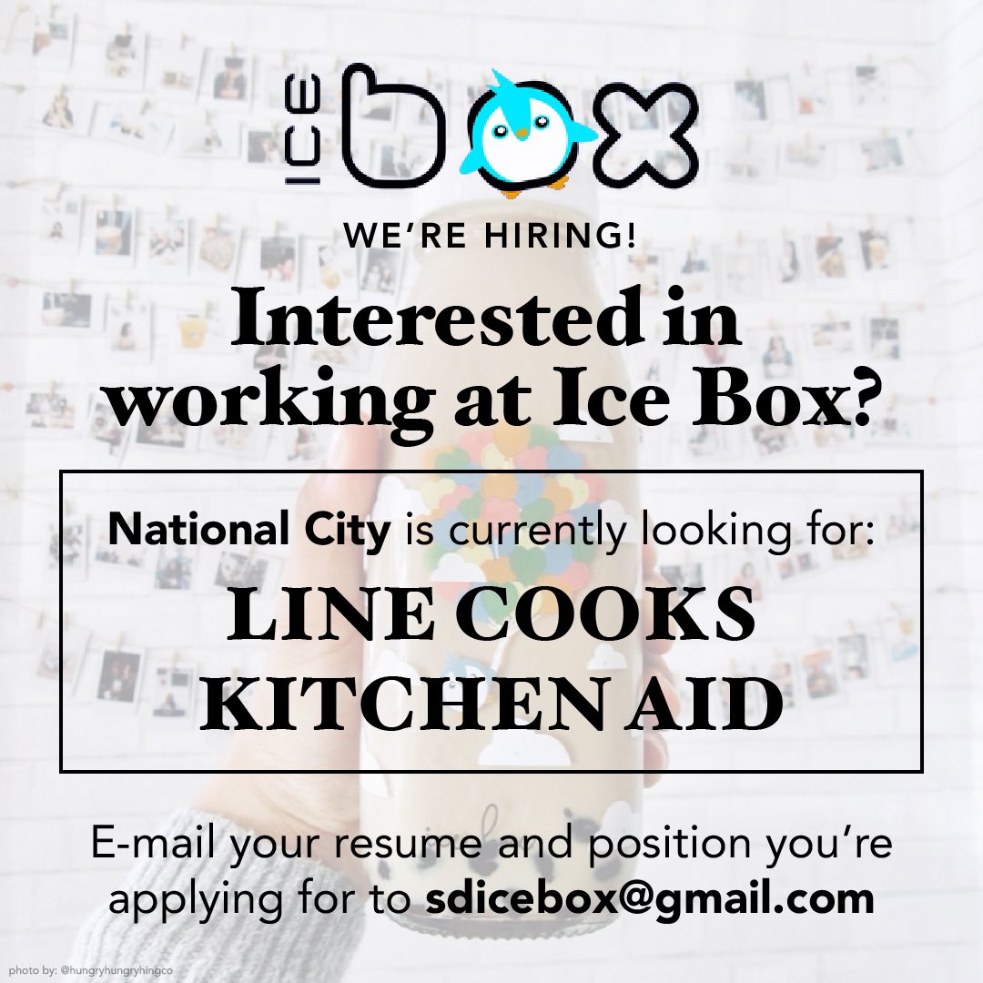 sdicebox's tweet image. ✨ NATIONAL CITY is hiring! ✨

E-mail your resume &amp;amp; the position you’re applying for to sdicebox@gmail.com

Thank you! 🎉