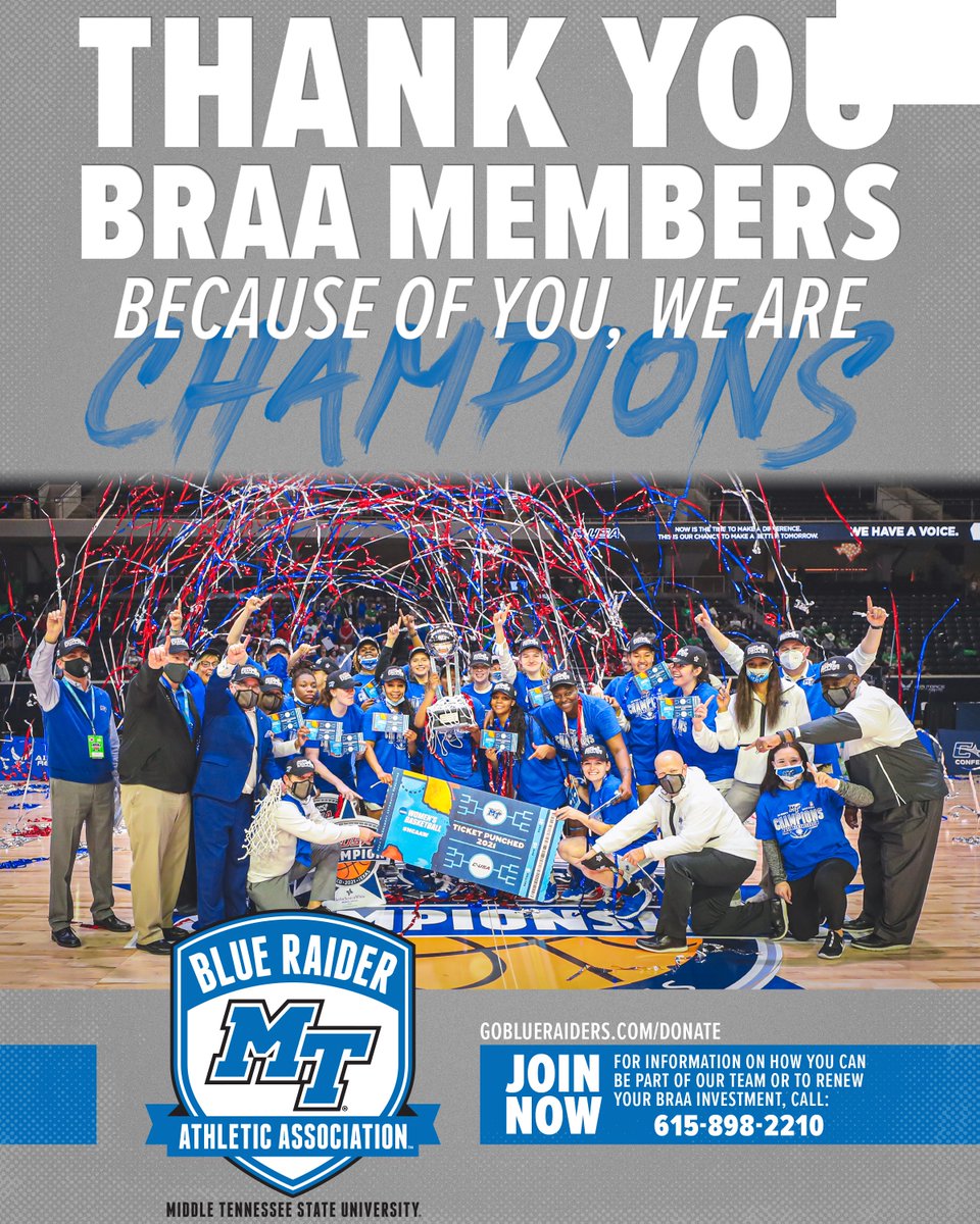 Thank you BRAA Members! The support you give provides our Blue Raider student-athletes with the tools they need to be CHAMPIONS on and off the court! 

💃🏻💃🏿LET'S GO DANCING! 💃🏿💃🏽