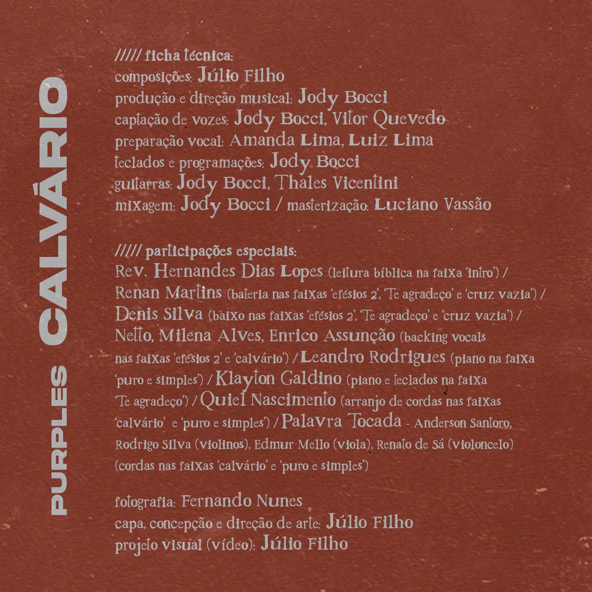 Purplesbanda's tweet photo. pra quem curtia ler o encarte todo de um disco... a ficha técnica completa de ‘calvário’. toda a nossa gratidão por cada integrante dessa união bendita de amigos talentosos! #purplesCVR 🔺 https://t.co/1ufxOOW3eu