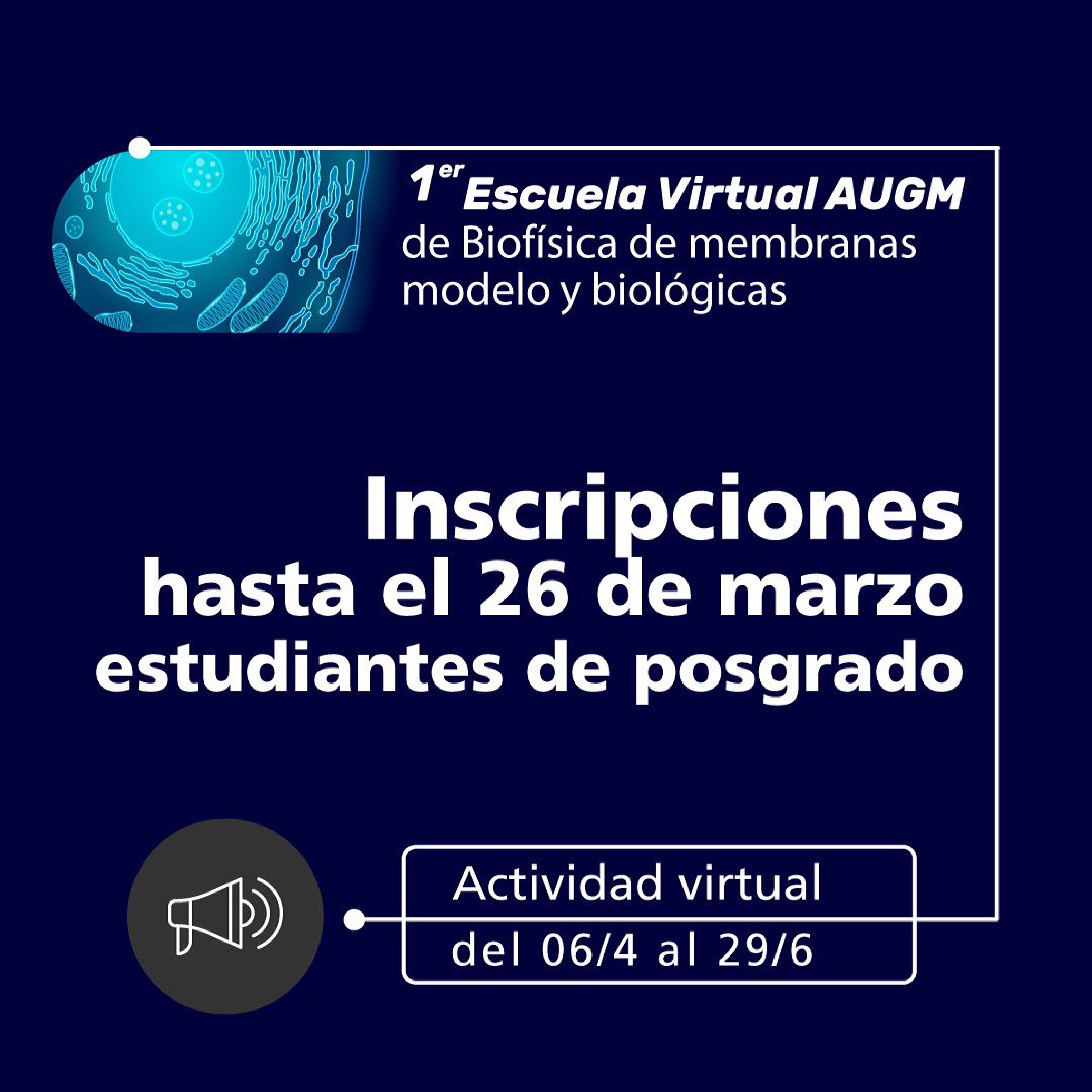 Curso de Biofísica de membranas Modelo y biológicas! Orientado a químic@s, bioquímic@s, biólog@s, biotecnólog@s, físic@s. Se realizará desde 06/04 al 29/06. Inscripciones hasta el 26 de Marzo.👉bit.ly/evbiofisica <a href="/AUGMoficial/">Asociación de Universidades Grupo Montevideo</a> <a href="/JorgeBabul/">Jorge Babul</a> <a href="/SocBioquimica/">Sociedad Bioquimica</a> <a href="/QuimicaUdeChile/">Química UCHILE</a>