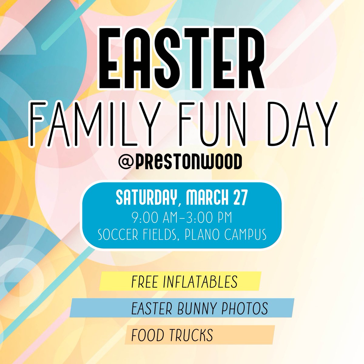 Attention all PSO families! Prestonwood is hosting a day of fun at the PSO soccer fields Saturday, March 27! There will be inflatables, photos with the Easter bunny, and food trucks! Stop by anytime for an incredible experience the whole family will enjoy!