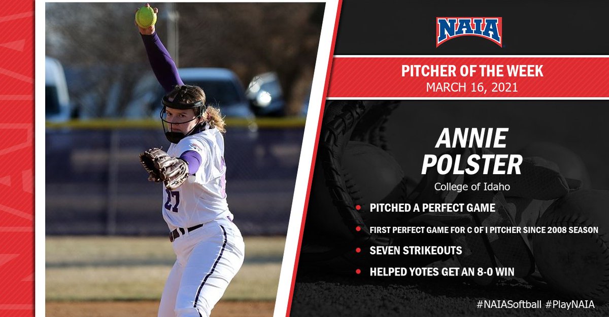 NAIA's tweet photo. 🥎| Freshman Annie Polster of @CoyoteAthletics starting her college career off strong! She pitched the first perfect game for College of Idaho of any pitcher since the 2008 season and earned #NAIASball Pitcher of Week honors! 

#NAIAPOTW #PlayNAIA https://t.co/GY3RtrJqLg
