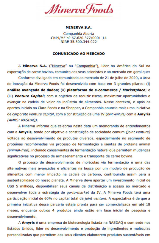 Minerva_BEEF3's tweet photo. Mais um investimento do nosso fundo de Venture Capital. 😉 Anunciamos hoje um memorando de entendimentos com a Amyris, empresa de biotecnologia listada na NASDAQ, para a formação de uma JV. Mais detalhes no comunicado que divulgamos ao mercado. #BeefTech #Beef3 #Inovação https://t.co/UFQexWL7Ex