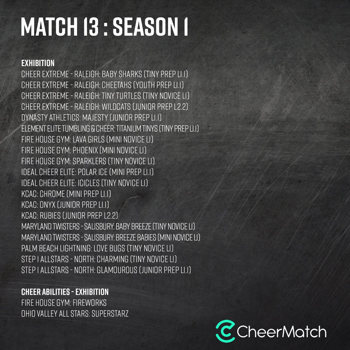cheermatch's tweet photo. Join us Friday, March 19 for MATCH 13! Broadcast begins at 5pm PT/ 6pm MT/ 7pm CT/ 8pm ET

Take a look at the participating teams. Performance Orders will be available on our website on Friday before the Match broadcast.

1/2 🧵⬇️

#CheerMatch #CompeteAnywhere #WatchEverywhere https://t.co/DWId8GWAST