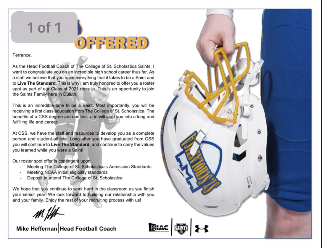 TFrank_21's tweet photo. I am extremely blessed to receive a offer from St Scholastica 🔵🟡 @Coach_Heffernan @CSSSaintsFB @CoachCrowle @CoachCrawford33 @archie_reggie @CoachQGriffin @coachpapillion https://t.co/8KN2uh0wAM