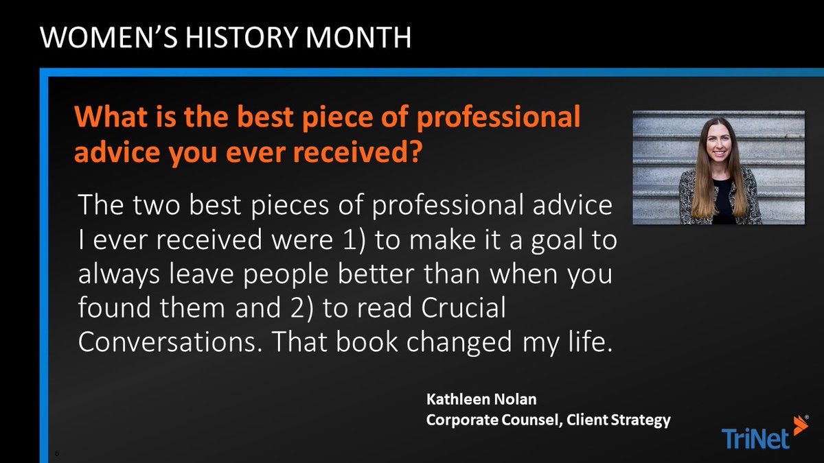 TriNet's tweet photo. Follow us all month to hear more inspirational advice, shared by the wonderful women of TriNet!
#WomensHistoryMonth #womenleaders #IncredibleStartsHere #TriNetLife #TriNetColleagues #companyculture #diversityandinclusion #inspirationalthoughts #inspirationalpost #lifelessons https://t.co/s6acQ3i09j
