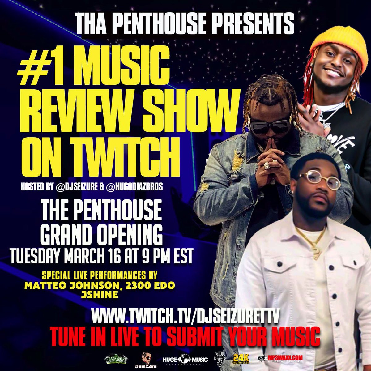 HUGEMUSICSTUDIO's tweet photo. Just a few hours away!!! Tonight 9 PM | The #1 Music Review Show on Twitch Has Moved into The Penthouse!!! Now we just don’t do music reviews we also have live performances and interviews!!! Get ready for a new vibe!!! TUNE IN AT 9 PM on https://t.co/G3DwrQLv1l https://t.co/hk3KGYXtxp