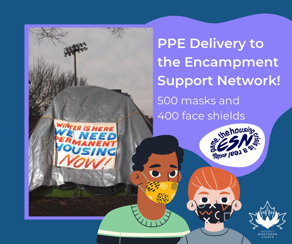 NorthrnLightsCA's tweet photo. Project Northern Lights is proud to support @ESN_TO! We recently donated 400 #FaceShields and 500 #Masks to the Encampment Support Network, so they can continue delivering aid during the #COVID-19 pandemic. 

#ProjectNorthernLights #PNL #CovidRelief #PPETheNorth https://t.co/DD6cujRFJ9