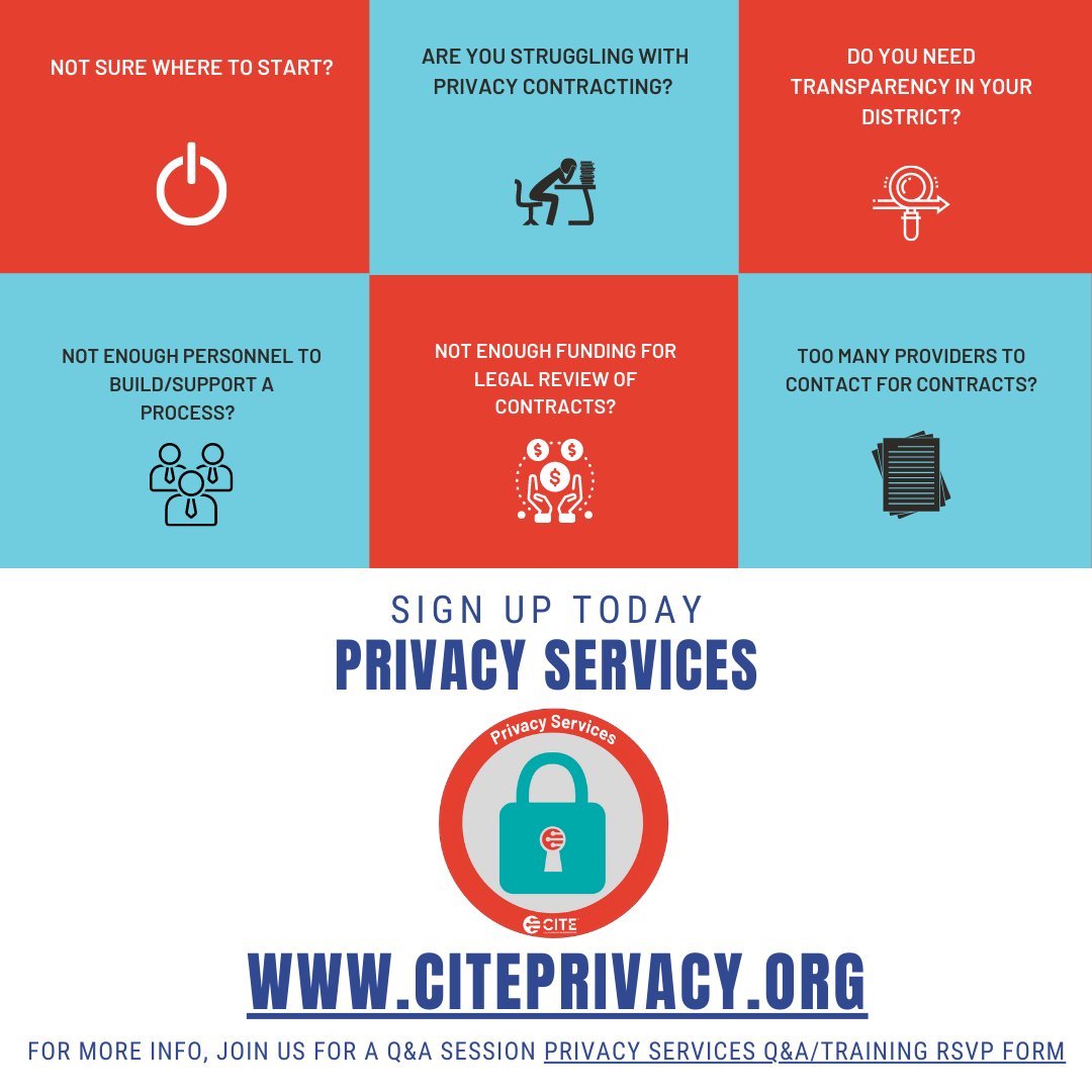 CITE_EDU's tweet image. We&apos;re excited to introduce #CITE_EDU&apos;s Privacy Services - a full service option for those who may not have the resources to review &amp;amp; upload privacy contracts to be compliant with CA state laws! Enroll today to start as early as 4/5! Visit citeprivacy.org for more info.