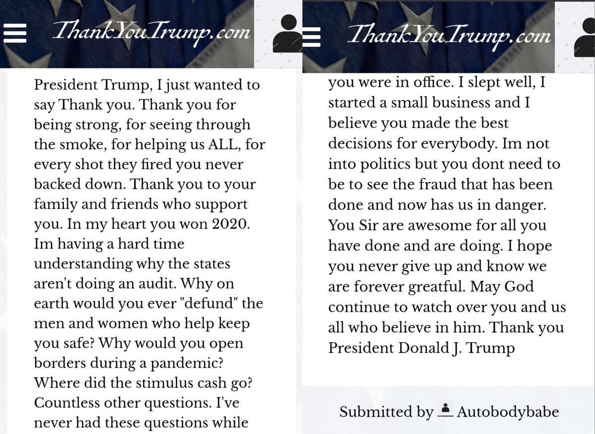 ThankYouTrump45's tweet photo. #ThankYouTrump 

"President Trump, I just wanted to say Thank you. Thank you for being strong, for seeing through the smoke, for helping us ALL, for every shot they fired you never backed down."
Autobodybabe

https://t.co/gZwn8E6vgD https://t.co/9brCYUMmtx