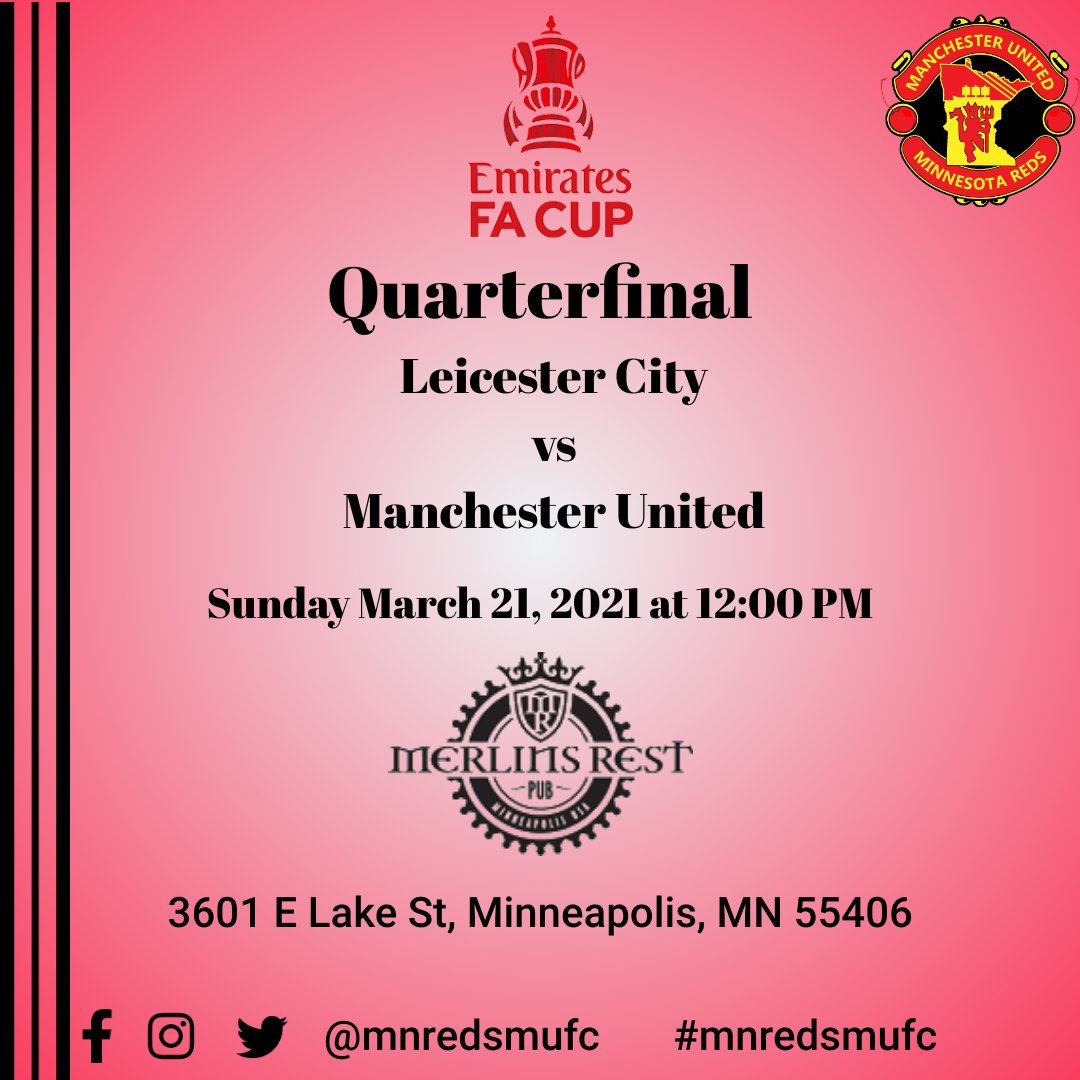 We are excited to announce that we have partnered with <a href="/merlinsrest/">Merlins Rest</a> to host our watch parties! Join us Sunday March 21st at noon for our quarterfinal tilt against Leicester City. Merlins happy hour pricing will be available to all wearing Manchester United gear! 
#GGMU #MUFC
