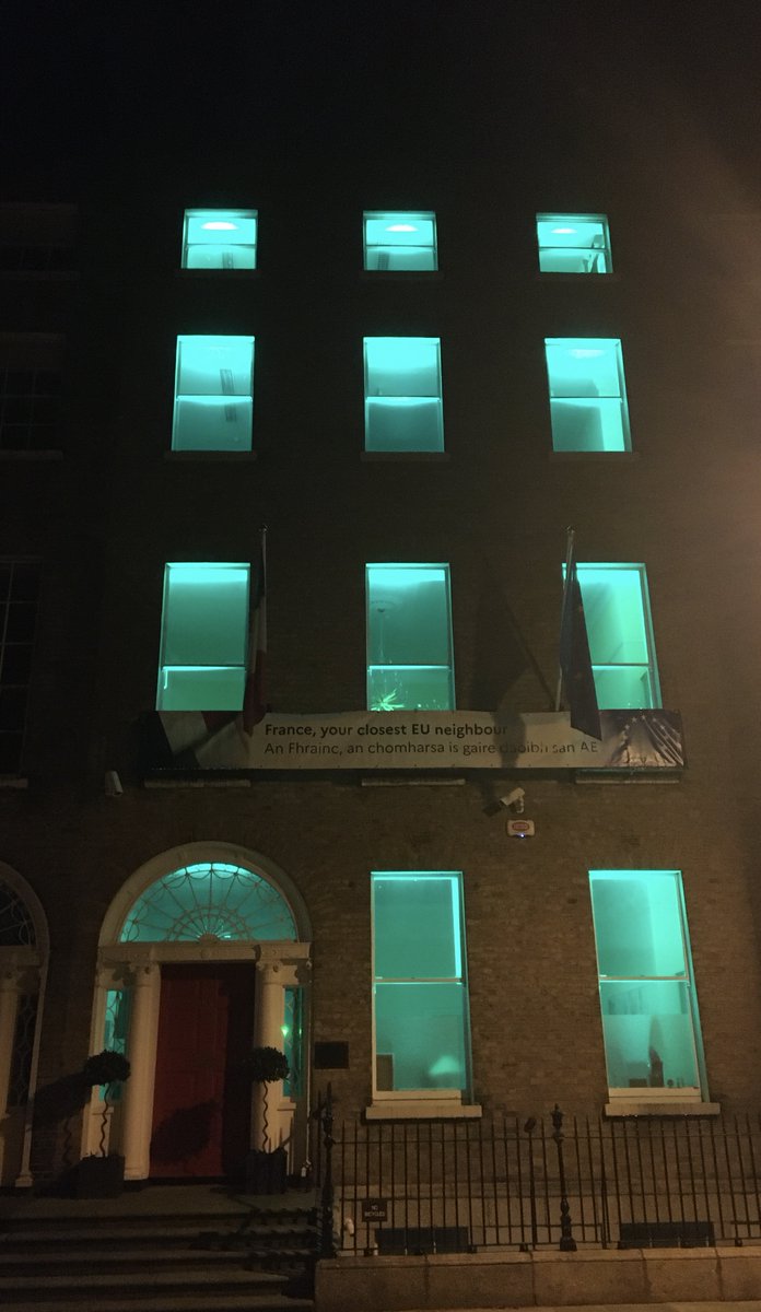 Isn't she beautiful, the Embassy of France to Ireland, dressed in green 🟢 for #StPatricksDay, with the proud banner 'France, your closest EU neighbour' / 'An Fhrainc, am chomharsa is gaire daoibh san AE'.         Lá Fhéile Pádraig sona duit!   #GlobalGreening 🇫🇷🇪🇺🇮🇪☘️