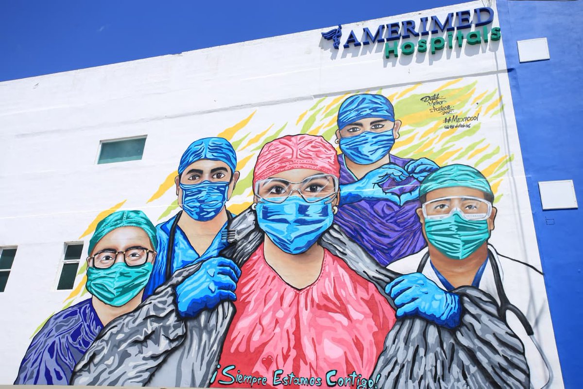 LauraBeristain's tweet photo. Asistí a la inauguración del mural: “Homenaje de los héroes que luchan contra el Covid” del Hospital Amerimed Playa del Carmen, obra de los artistas Duteck Pacheco y Melchor Gaspar de @MexiCoolFest. Un hermoso homenaje a los guerreros de esta pandemia. @AmerimedMexico. https://t.co/987MOezHYI
