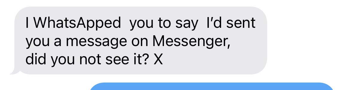 sarajcox's tweet image. Another classic from mum. A text to tell me about the WhatsApp that she’d sent me to tell me about a message she’d sent me on messenger.
