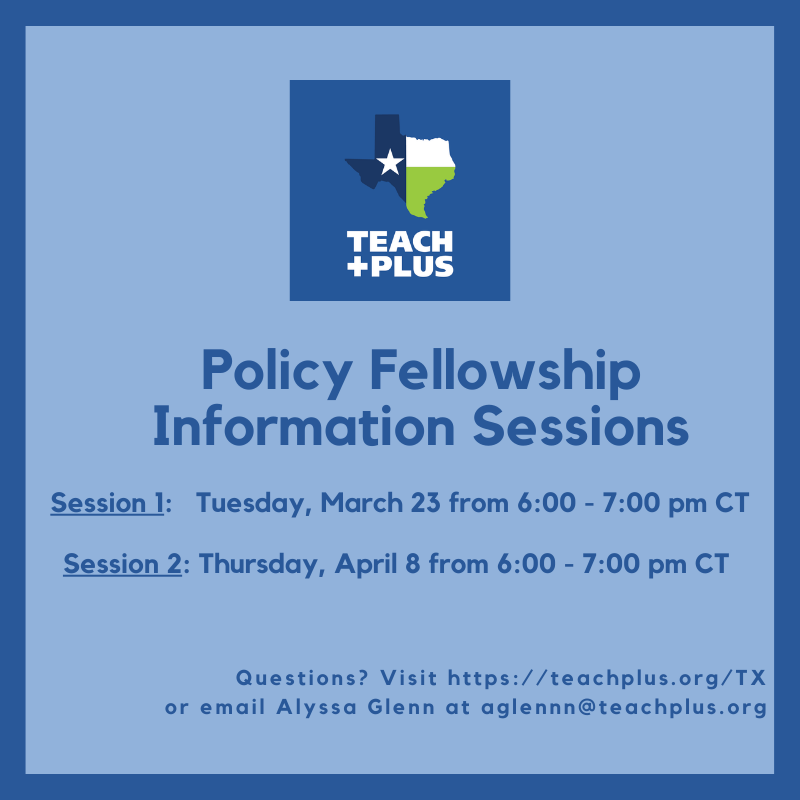 TEACHERS: Interested in the <a href="/teachplus/">Teach Plus</a> Policy Fellowship but want more information? Join us on either March 23 or April 8 for an informational session on Teach Plus, the Fellowship, and more!

Save your spot here: forms.gle/a8h9jwBD8Mdh72…