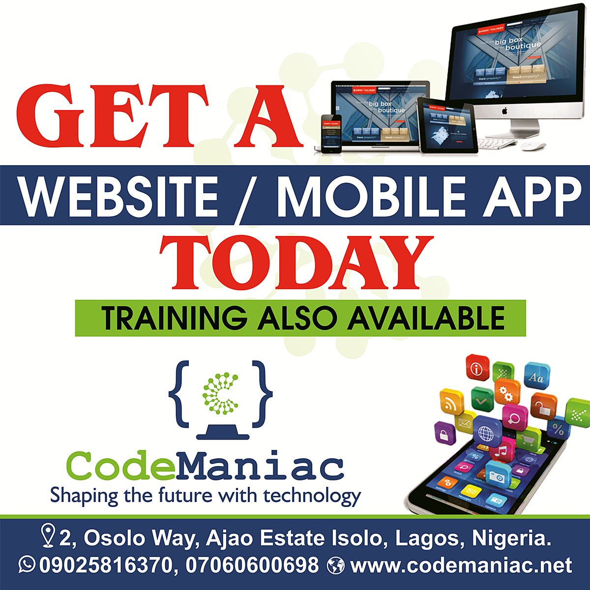 codemaniac2's tweet image. Get a website for your business today. Contact 07060600698 to get a fully functional website/mobile app at an affordable rate!
#codemaniac #website #business