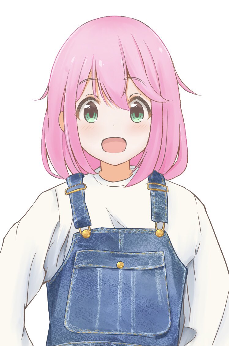 1girl solo pink hair overalls open mouth smile green eyes  illustration images