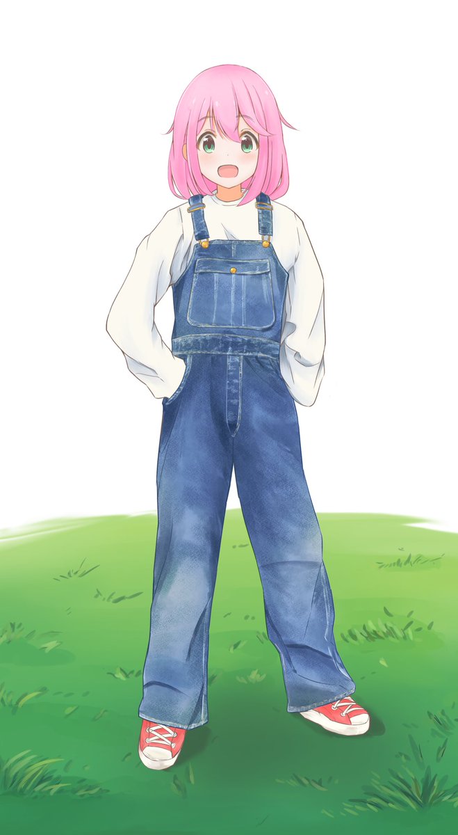1girl solo pink hair overalls open mouth smile green eyes  illustration images