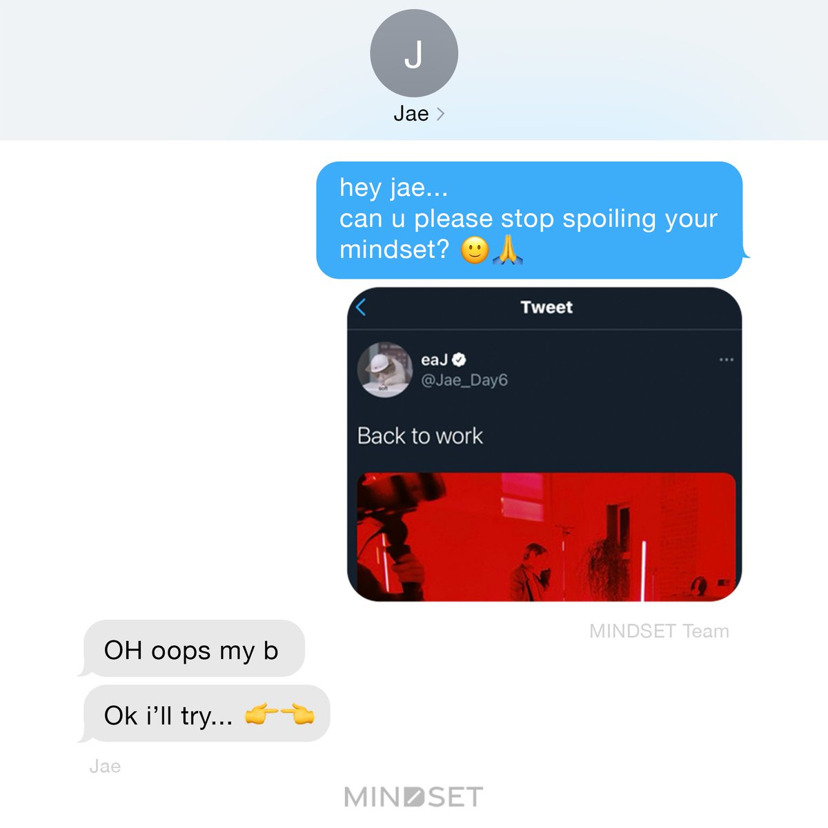 So this conversation happened a while back. 😅

#MINDSETxJae is finally almost here! Jae's Mindset will be released exclusively on the app on 3/23 TUE PST.

🚨Download the app & turn on notifications now: bit.ly/3tt6olq

#Jae #MINDSETxJae #박제형 #DAY6 #DIVEStudios