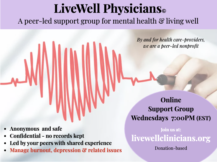 ms_weinstein's tweet image. All Physicians welcome anywhere in the world:

PHYSICIAN SUPPORT GROUP FOR MENTAL WELLBEING
LIVEWELL!
Wednesday evenings @ 7pm EST

To get zoom link, register here:
buff.ly/2ZFwBjU