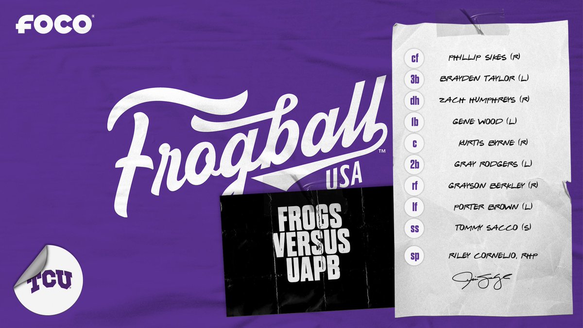 TCU_Baseball's tweet image. The four game homestand comes to a close tonight. Riley Cornelio on the mound. Garrison Berkley makes his first career start.

#FrogballUSA | #GoFrogs