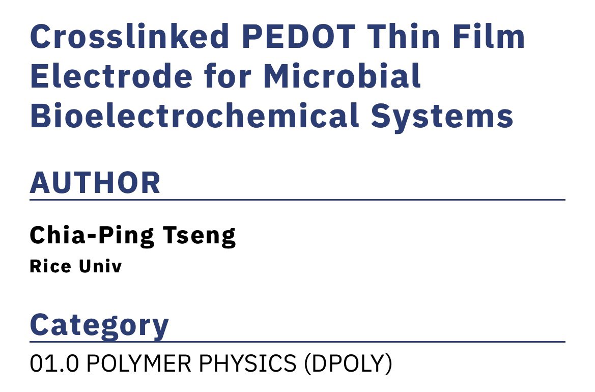 Come check out my poster presentation at #apsmarch. I will be talking about my work on polymeric #PEDOT coatings for microbial electronics. Find me at DPOLY poster session on Wednesday (tomorrow) at 11:15am-1:15pm CDT. 
#virtualconference