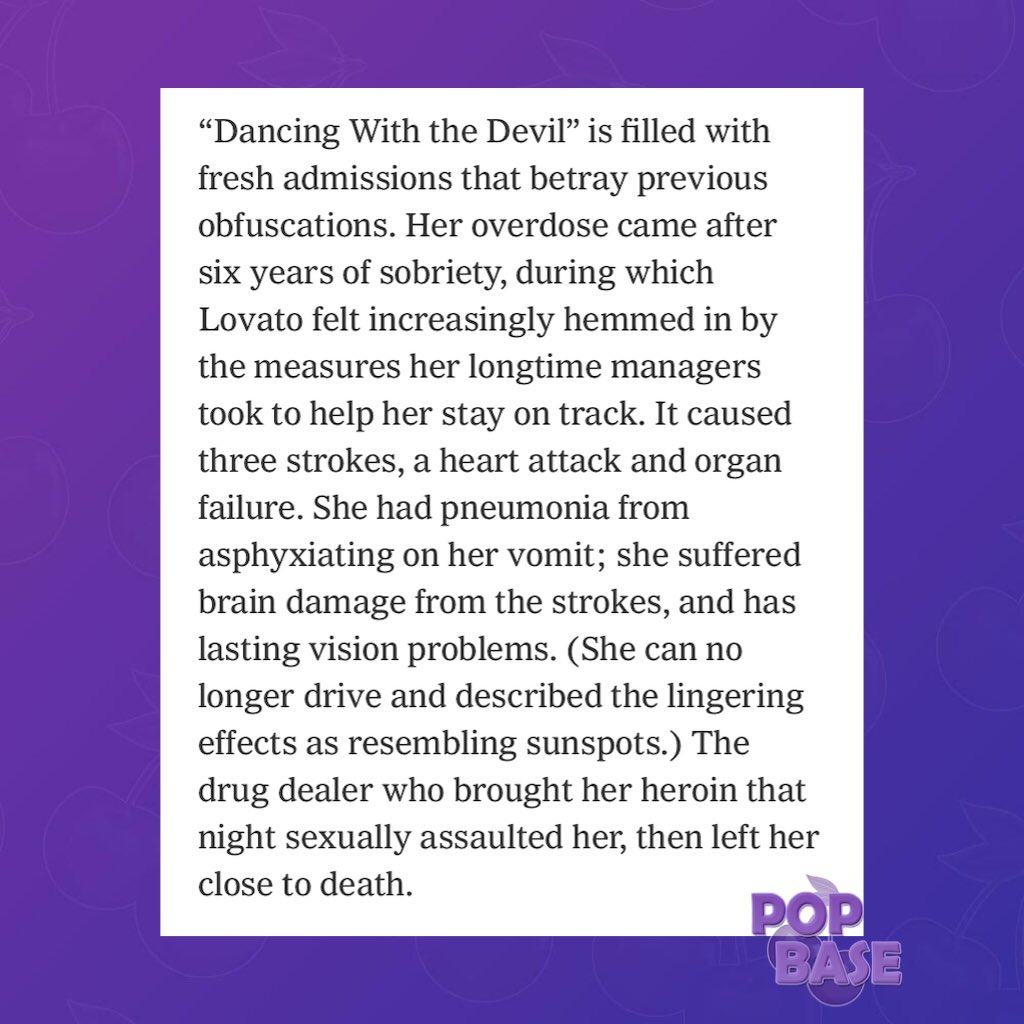 PopBase's tweet image. New York Times interview reveals new details on Demi Lovato's 2018 overdose.

The singer had three strokes that led to brain damage, a heart attack, organ failure, and she was sexually assaulted by her drug dealer the night she overdosed on heroin.