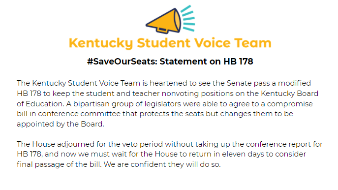 KYStuVoiceTeam's tweet photo. The Senate passed a modified HB 178, but the House adjourned without considering the conference report. We're confident they will do so upon their return in eleven days and will #SaveOurSeats https://t.co/amp2QIDRnD