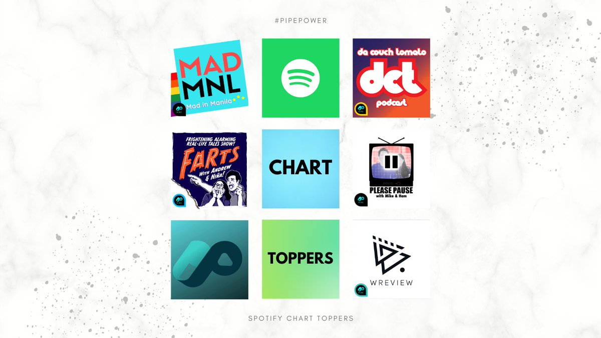 pipenetwork321's tweet image. #PIPEPOWER Spotify Chart Toppers in Comedy, Arts &amp;amp; Entertainment, and True Crime. These awesome shows are on the latest Spotify charts!
Congrats!!

@MadInManila 
@FARTSPod 
@dacouchtomato 
@pleasepauseph 
@Wreview.