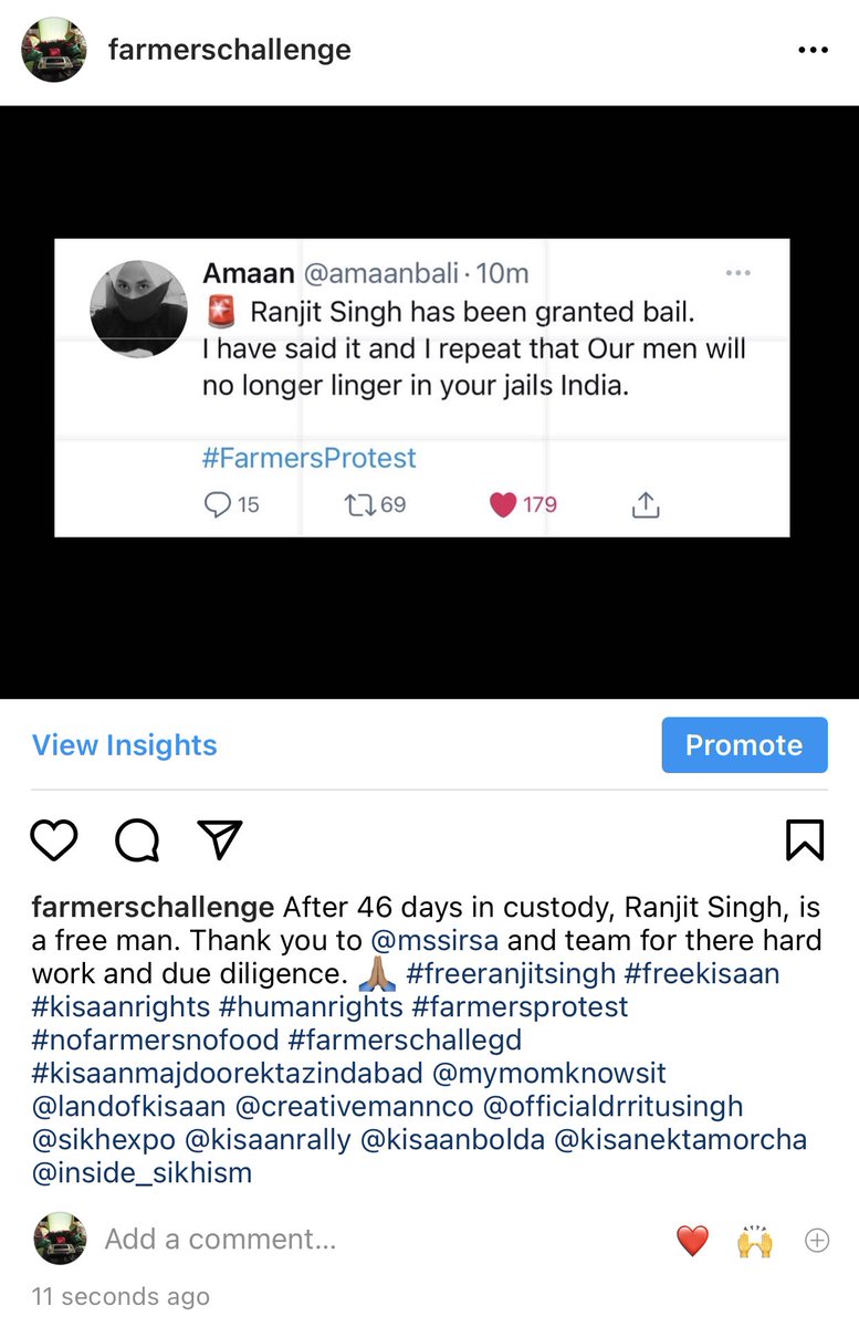 farmerschalleng's tweet photo. @amaanbali After 46 days in custody, Ranjit Singh, is a free man. Thank you to @mssirsa and team for their hard work and due diligence. 🙏🏽 #freeranjitsingh #freekisaan #kisaanrights #humanrights #farmersprotest #nofarmersnofood #farmerschallege #kisaanmajdoorektazindabad https://t.co/Rs4wKbFNEH