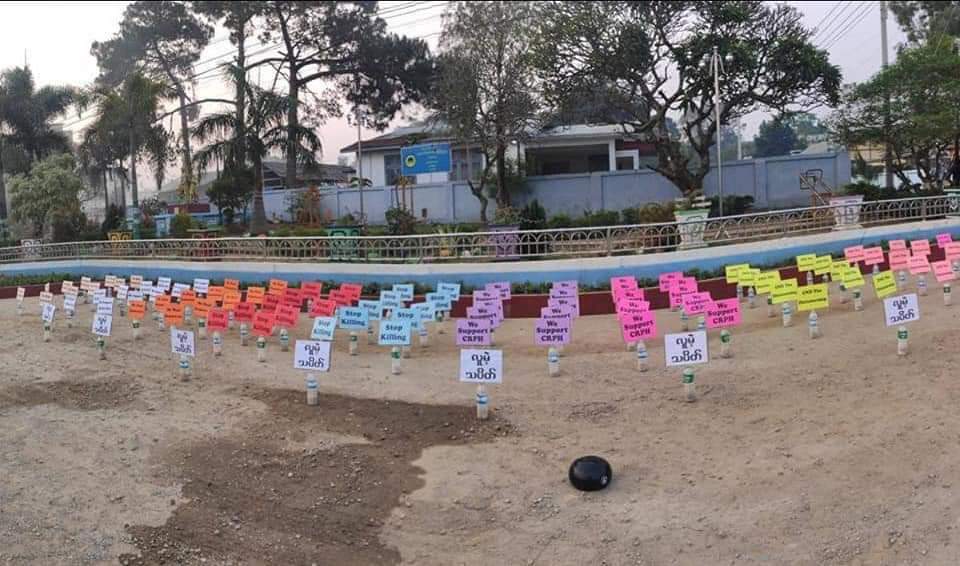 tokkipanny's tweet photo. No-human strike in  NaungCho, northern Shan State this morning.

RESTORE MOBILE DATA
#WhatsHappeninglnMyanmar
#Mar17Coup https://t.co/PFO1lsk0PQ