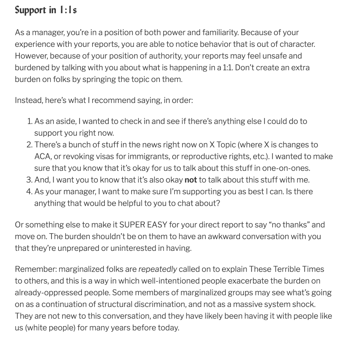 When providing support in 1:1s, see these practical suggestions for what you can say, from <a href="/lara_hogan/">Lara Hogan</a> 

Make it easy for them to say no, or not to say anything
larahogan.me/blog/being-a-m…
