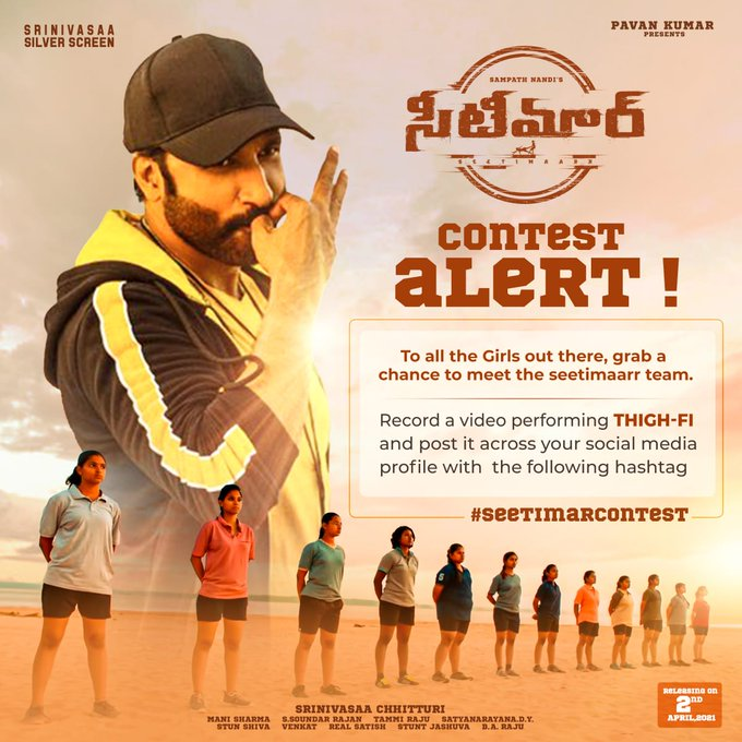 trendrajaa's tweet photo. Contest Alert 🚨

Grab a chance to meet #Seetimaarr team🥳

@YoursGopichand @IamSampathNandi @tamannaahspeaks @SS_Screens @DiganganaS @bhumikachawlat @adityamusic #ManiSharma

#SeetimaarrOnApril2 https://t.co/jzNqemiZWA