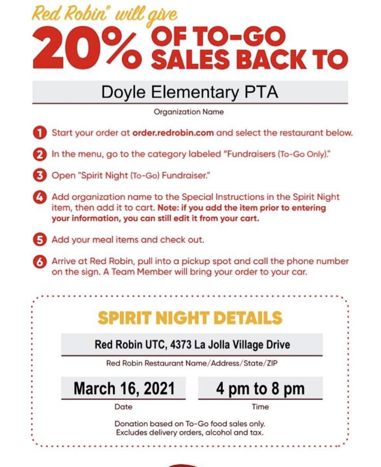 DoyleElementary's tweet photo. Support @DoylePTA by heading to Red Robin today and ordering to-go. Follow the directions on the flyer. https://t.co/oHF8ztk7KA