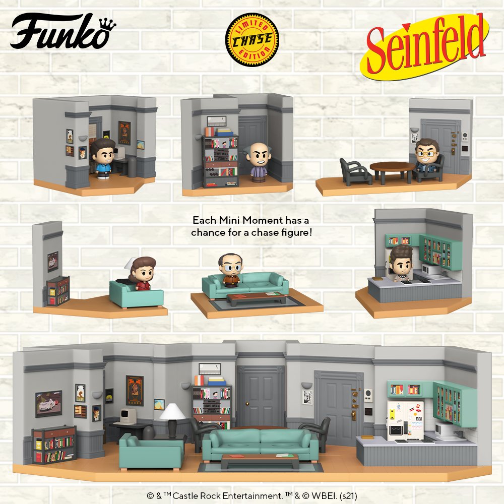 Funko's tweet photo. RT &amp; follow @funko for a chance to win these Seinfeld Funko Mini Moments! Not feeling lucky? Build your own set piece of @SeinfeldTV  by pre- ordering now ➡  https://t.co/dnWs4u87pM   #Funko #FunkoSeinfeldDay https://t.co/Vfmt20VTAg