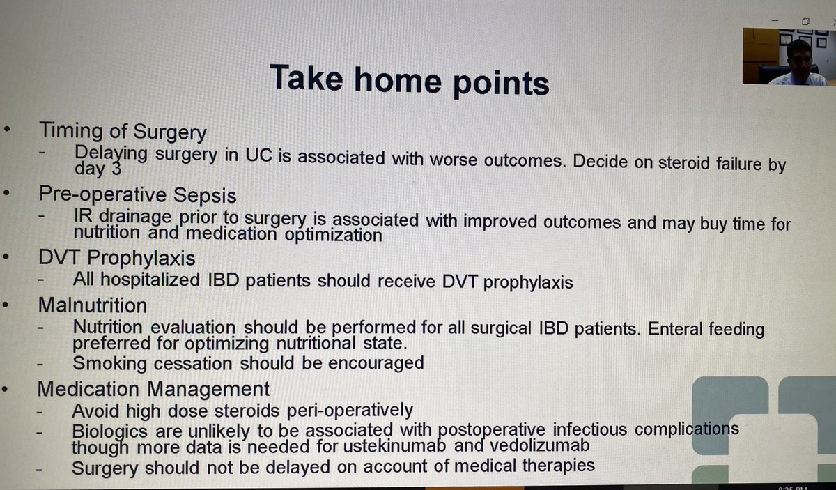 Amazing talk by @IBDBen on periop IBD management. Take home points below 👇 Don’t delay surgery based on biologic use! Remember to address nutritional status + smoking @CleClinicMD #IBDmasterclass @MRegueiroMD @IBD_FloMD @HolubarStefan