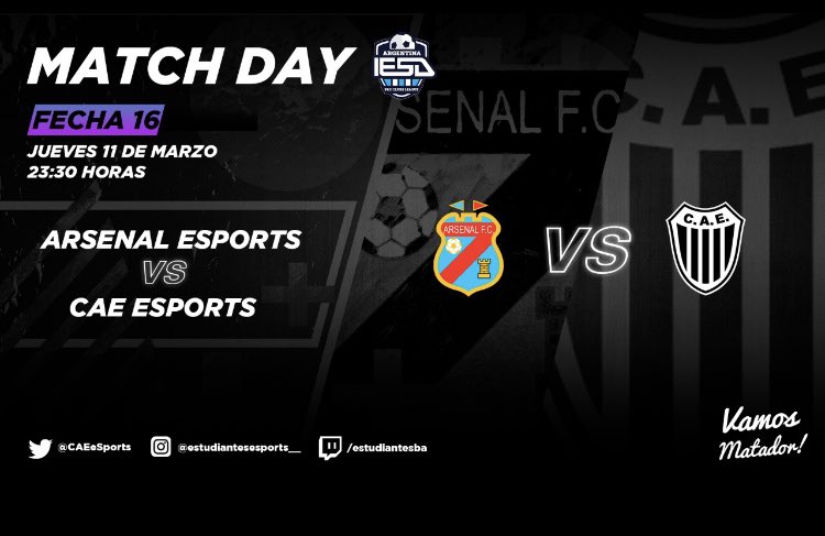 Partidos de hoy por Superliga de <a href="/IESAFIFAar/">IESA Argentina</a>.

23:00 🆚 <a href="/DefensaeSports/">Julian Ponce</a> 
23:30 🆚 <a href="/ArsenalfceSport/">Arsenal eSports 🇨🇩</a> 

#VamosMatador⚫️⚪️🙌🏽