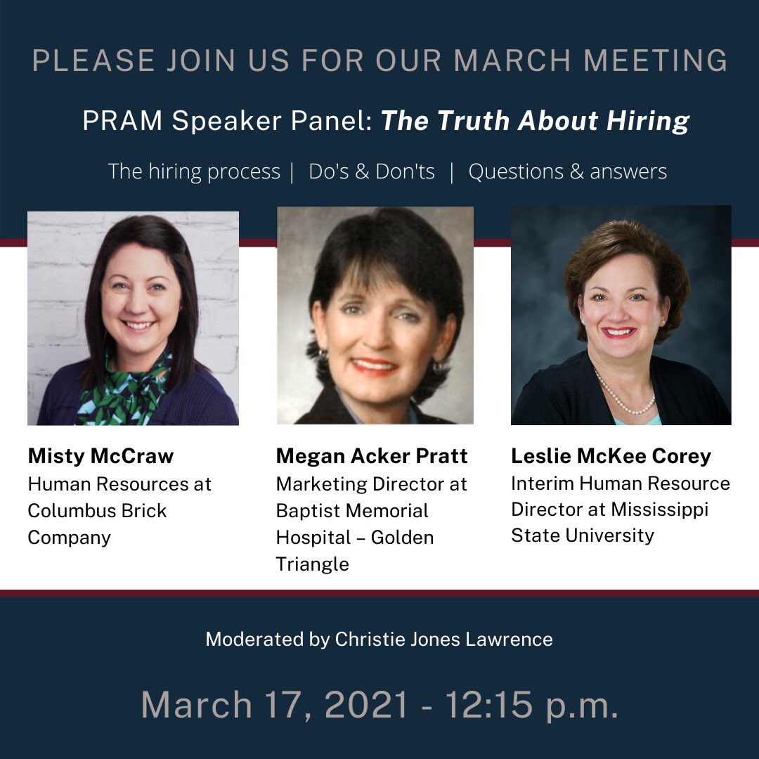 StarkvillePRAM's tweet photo. If you have questions about hiring practices, tomorrow’s PRAM meeting is a great chance to hear from a panel of human resource professionals. Please join us virtually Wednesday at 12:15 p.m. 
🔗: https://t.co/r2PqjEvMjD https://t.co/ZhtgUz1nFS