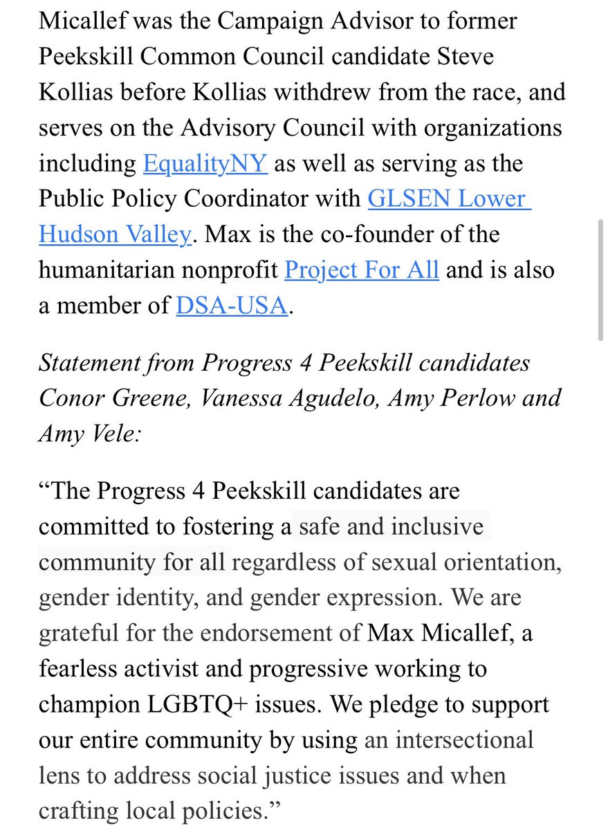 Progress4Pkskll's tweet photo. 🚨ENDORSEMENT!🚨#Progress4Peekskill is pleased to announce the endorsement of LGBTQ+ rights activist Max Micallef. “These true progressives — yes, not just in words — continue to and will bring the change Peekskill residents are owed." #peekskill https://t.co/rH4lNlMug9