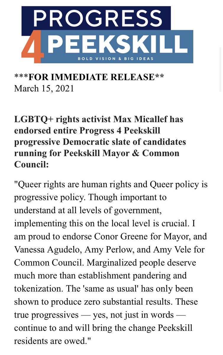 Progress4Pkskll's tweet photo. 🚨ENDORSEMENT!🚨#Progress4Peekskill is pleased to announce the endorsement of LGBTQ+ rights activist Max Micallef. “These true progressives — yes, not just in words — continue to and will bring the change Peekskill residents are owed." #peekskill https://t.co/rH4lNlMug9