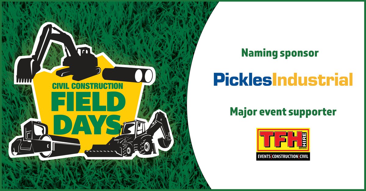 CCFQLD's tweet photo. The Civil Construction Field Days wouldn’t be possible without the support of our fantastic event sponsors. Thanks to naming sponsor @PicklesAuctions and major event supporter TFH Hire Services! https://t.co/6UmixuynOw #CCFD #CCFQLD #CivilConstruction #WorkingForIndustry https://t.co/TOz3qmLqWb