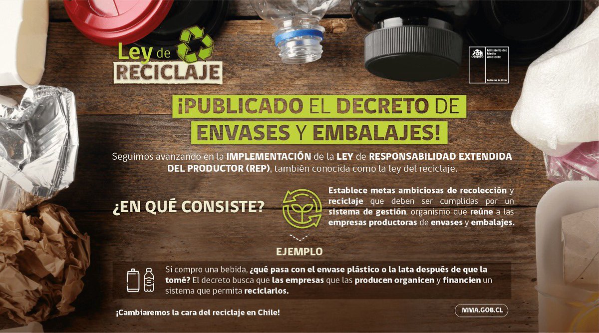 mma_valparaiso's tweet photo. ¡Partió la  transformación de una nueva forma de #Reciclar en 🇨🇱!  La #LeyDeReciclaje, decreto #Envases y #Embalajes fija ambiciosas metas de reciclaje y obliga a las empresas a establecer sistemas de recolección domiciliarios 👇 https://t.co/9sPx673SdR