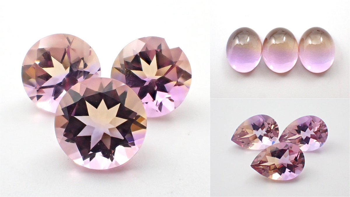Karatz公式 宝石鑑定士が運営してます 本日12時頃公開は アメシストの紫色 とシトリンの黄色が真ん中でキレイに分かれたタイプのアメトリンです 形はラウンド ペアシェイプ カボションカットの3種類 リングやペンダントの加工にもおすすめです