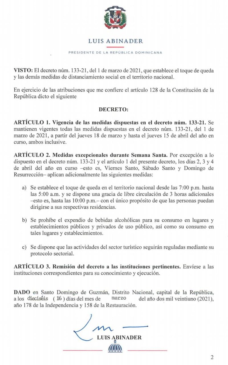 DiarioLibre's tweet photo. |#ÚltimoMinuto | Gobierno dispone que el #ToquedeQueda durante la #SemanaSanta, los días viernes 2, sábado 3 y domingo 4 de abril comenzará a las 7PM hasta las 5AM, con libre tránsito de tres horas. Se prohíbe también la venta de bebidas alcohólicas. https://t.co/xiu7bIAGVm