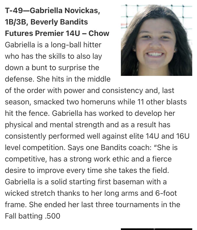 Gabi Novickas 2025 (@gnovickas2025) on Twitter photo Thank you <a href="/ExtraInningSB/">EXTRA INNING SOFTBALL</a> for the #49 ranking~Class of 2025 Extra Elite 100! I’m so appreciative & grateful for those who push me to be better every day! @StriveSoftball <a href="/FastPitchNet/">Fastpitch Network</a> <a href="/BrenttEads/">Brentt Eads</a> @FloSoftball @Los_Stuff <a href="/onesoftball/">ONE Softball</a> <a href="/ImpactRetweets/">Impact Promotions</a> <a href="/CoastRecruits/">Coast 2 Coast Recruits</a> <a href="/06bandits/">Beverly Bandits Premier 18U (Holloway/Mack)</a> Thank you <a href="/ExtraInningSB/">EXTRA INNING SOFTBALL</a> for the #49 ranking~Class of 2025 Extra Elite 100! I’m so appreciative & grateful for those who push me to be better every day! @StriveSoftball <a href="/FastPitchNet/">Fastpitch Network</a> <a href="/BrenttEads/">Brentt Eads</a> @FloSoftball @Los_Stuff <a href="/onesoftball/">ONE Softball</a> <a href="/ImpactRetweets/">Impact Promotions</a> <a href="/CoastRecruits/">Coast 2 Coast Recruits</a> <a href="/06bandits/">Beverly Bandits Premier 18U (Holloway/Mack)</a>
