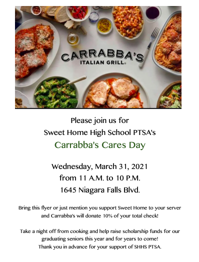 Join HS PTSA Carrabba's Cares Day on March 31st!  Bring this flyer or just mention you support Sweet Home to your server and Carrabba's will donate 10% of your total check! <a href="/SweetHomeEF/">Sweet Home Education Foundation</a> <a href="/SHEAUnion/">SweetHomeEducAssoc</a> <a href="/SweetHomeCSD/">Sweet Home Central School District</a>